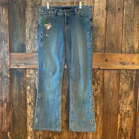 Buffalo Jeans Sz 29 Blue Kimmie Rhinestone Side Sexy Cut-Out HandPainted Jeans - Picture 2 of 11